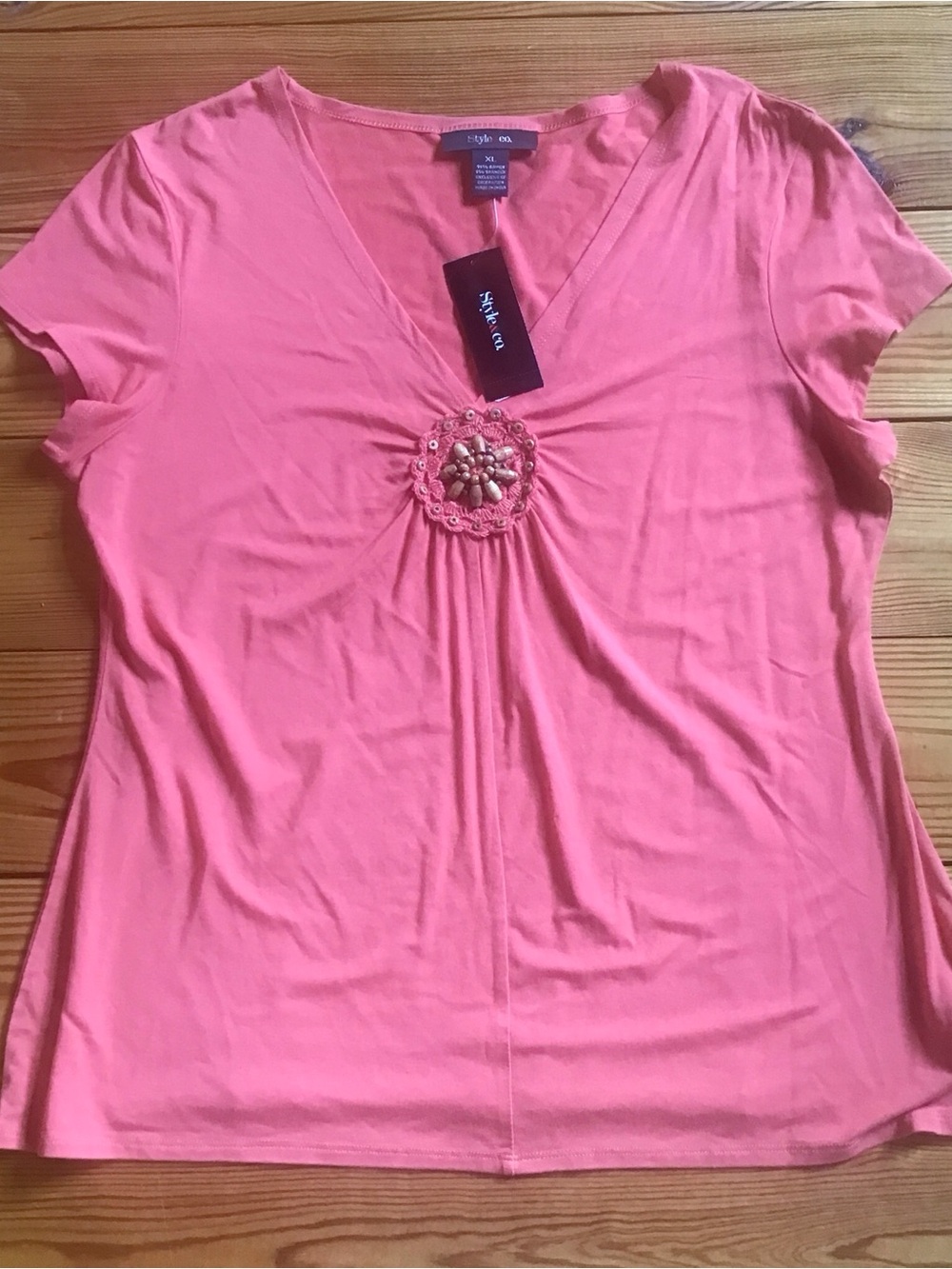 Style & Co. Coral V-Neck Beaded Embellished Women's Top